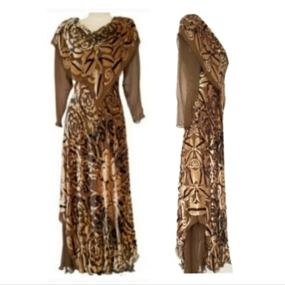 Marian Clayden Neiman Marcus Dress Cut Silk & Velvet Burnout Maxi Tan Size M - Picture 1 of 17